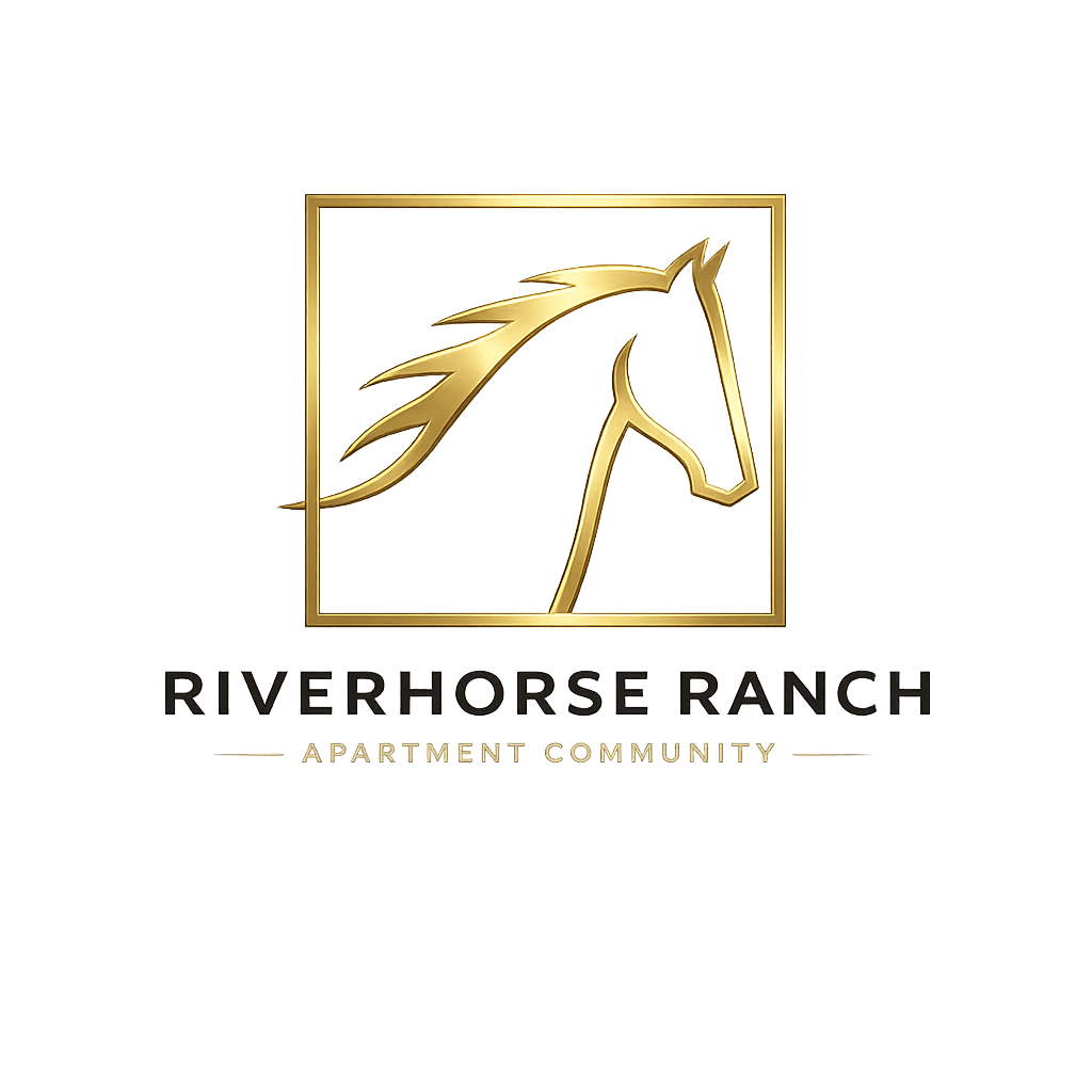 A logo with a horse and the text "Riverhorse Ranch Apartment Community" is displayed.